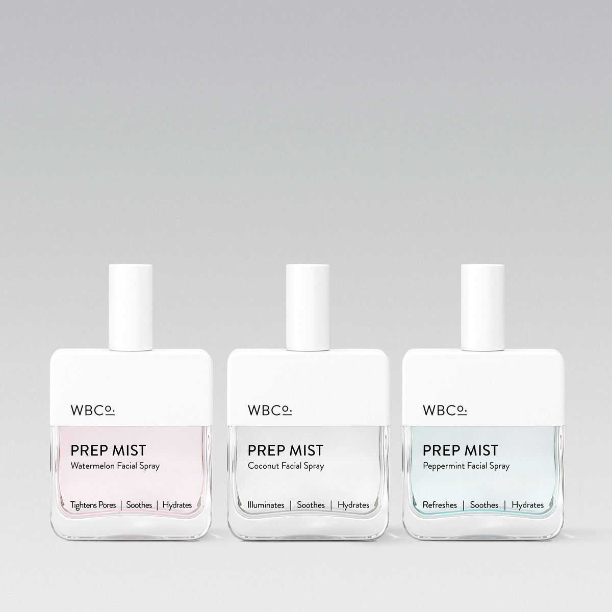 Three WBco Prep Mist 100ml glass bottles lined up showing watermelon, peppermint and coconut options
