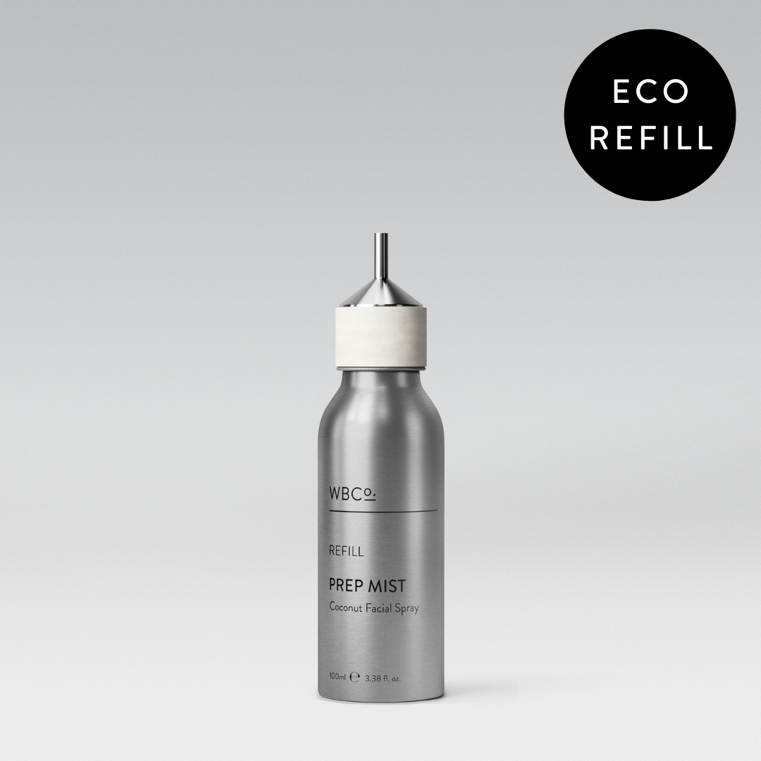 WBco Prep Mist 100ml aluminium refill bottle standing on neutral surface showing eco-conscious packaging